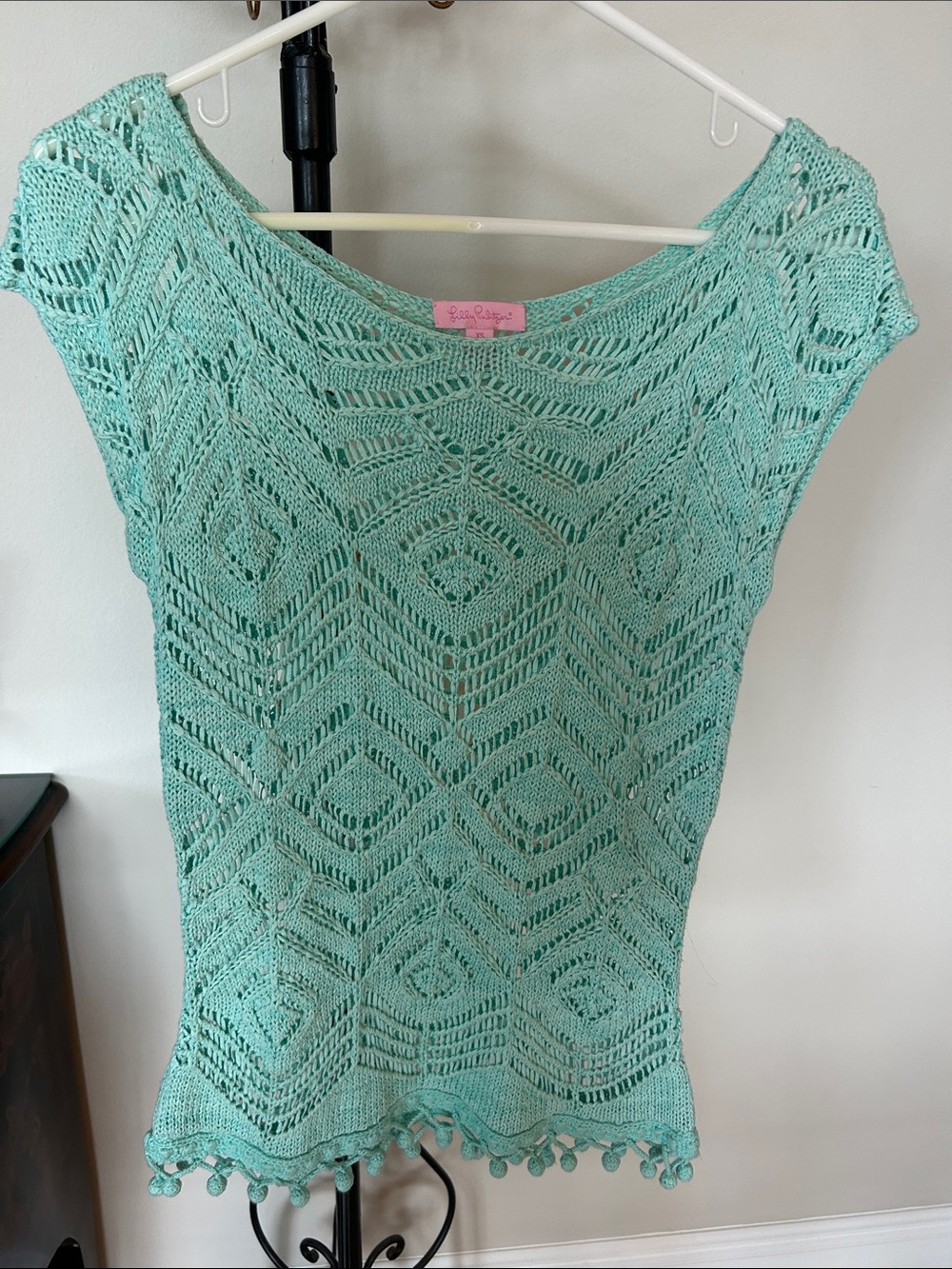 Lilly Pulitzer Mint Green Openwork Crochet Top with Pom Trim